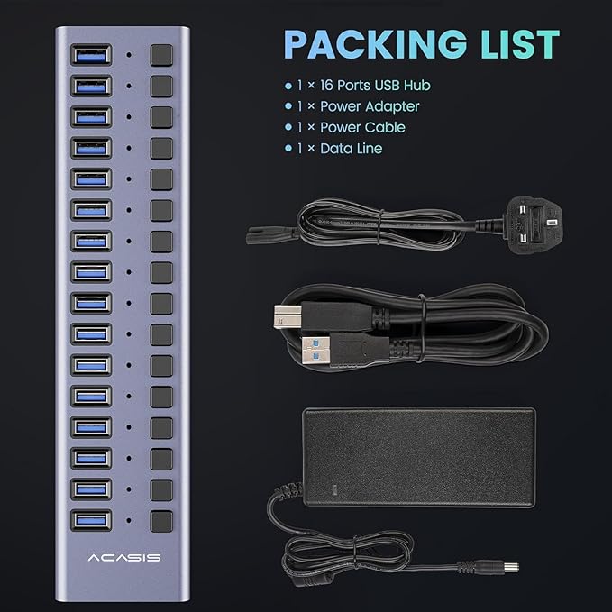 Powered USB Hub - ACASIS 16 Ports 90W USB 3.0 Data Hub - with Individual On/Off Switches and 12V/7.5A Power Adapter USB Hub 3.0 Splitter for Laptop, PC, Computer, Mobile HDD, Flash Drive and More