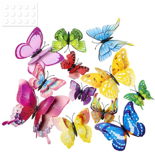 Butterfly Wall Decorations 12 PCS, 3D Butterflies Wall Stickers for Party Decorations Cake Decoration with Magnetts Removable Stickers Wall Decor Locker Decor Refrigerator Decal(Colorful)