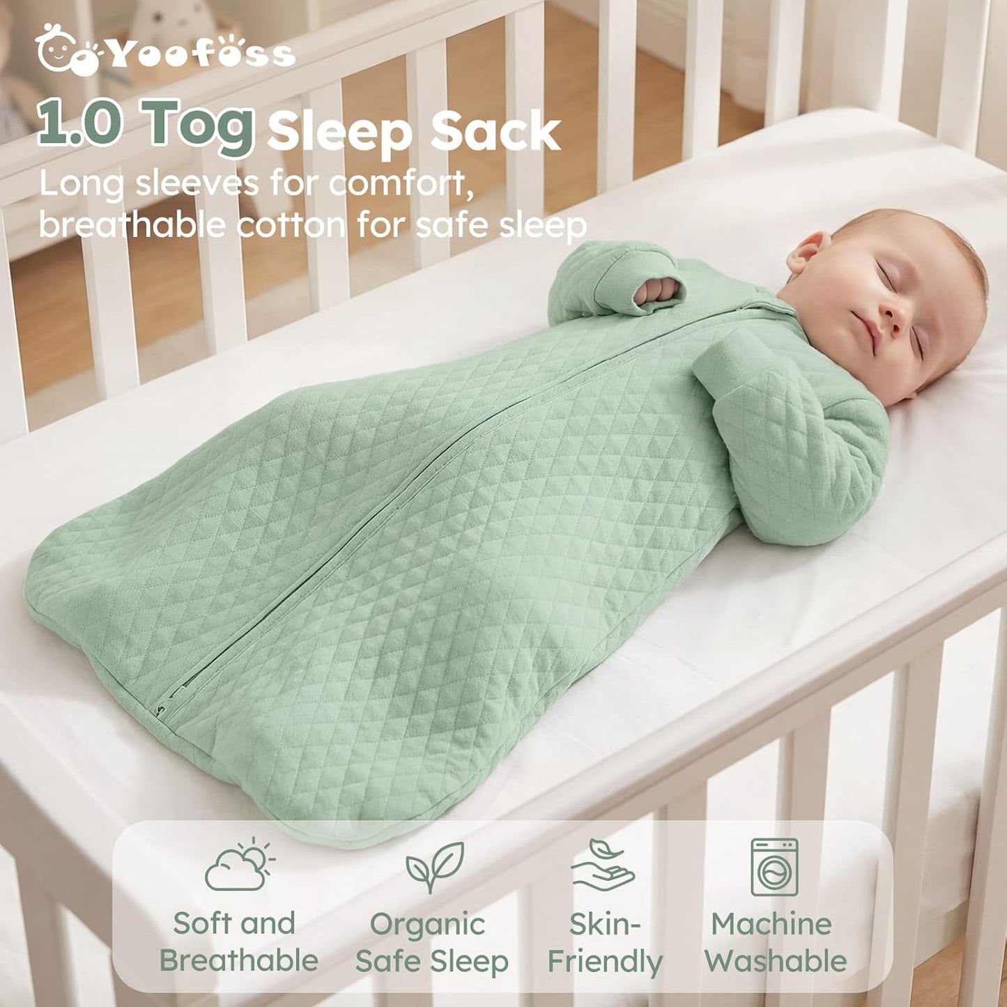 Yoofoss Baby Sleep Sack - Organic Cotton Wearable Blanket for Newborns | 0-6 Months, 1.0 Tog, Long Sleeve