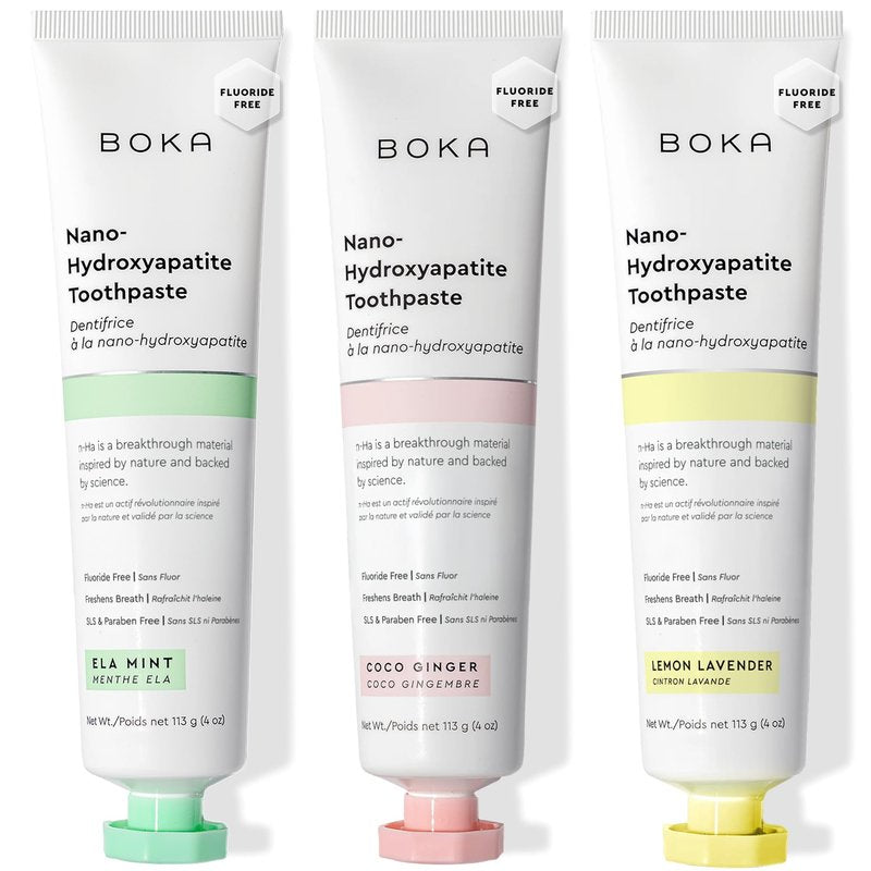 Boka Fluoride Free Toothpaste, Nano Hydroxyapatite Toothpaste, Appropriate for Sensitive Teeth - for Adult Oral Care - Ela Mint, Coco Ginger, Lemon Lavender Flavor, 4 Fl Oz 3Pk