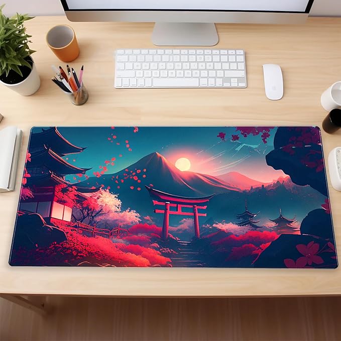 Cindasun Japanese Anime Mouse Pad - Pink Sakura & Full Moon Design Gaming Desk Mat, XL Large (31.5"x15.7") Keyboard Pad for PC Laptop Office Decor