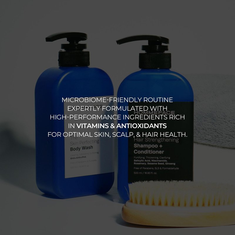 HommeFace Men’s Triple Action Shower Kit - 2 Piece Set with 2-in-1 Hair Strengthening Shampoo + Conditioner & Body Wash with Pump - Korean Skincare Technology for Body Acne and Scalp Health