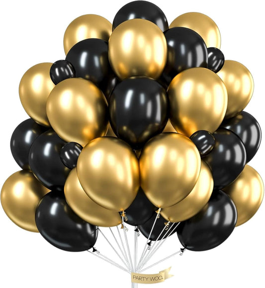 PartyWoo Black and Gold Balloons - 66pcs 12-Inch Matte Black & Metallic Chrome Gold for Celebrations