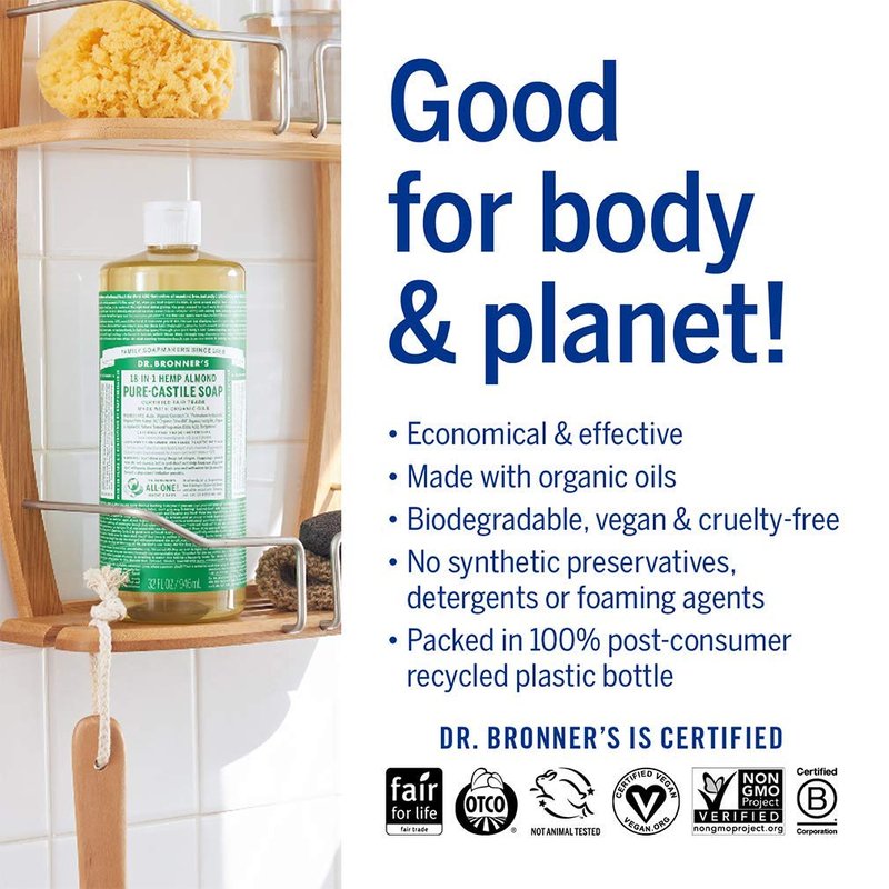 Dr. Bronner's Pure-Castile Liquid Soap - Almond Scent, 32 oz | Organic, Vegan, 18-in-1 Uses