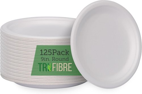 Compostable Bagasse Disposable Paper Plates by [Brand Name] - Microwave Safe, 125 Pack for Lunch & Dinner