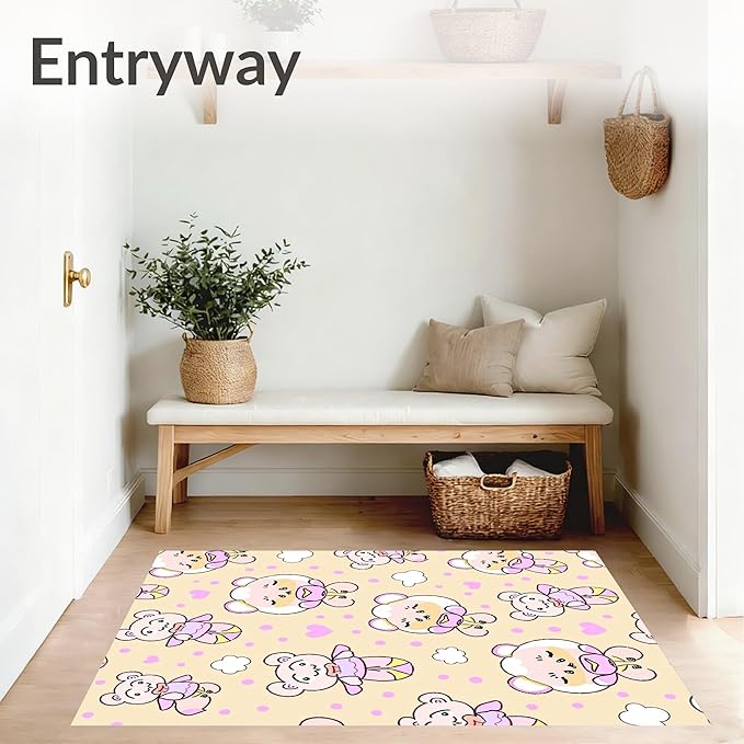 Flatwoven High Traffic Area Rug 6x6, Sweet Bear Balloon Interlocking Dot and Cloud Motif, Non Slip, Stain Resistant, Washable Area Rugs for Living Room, Bedroom (Beige, 6x6)