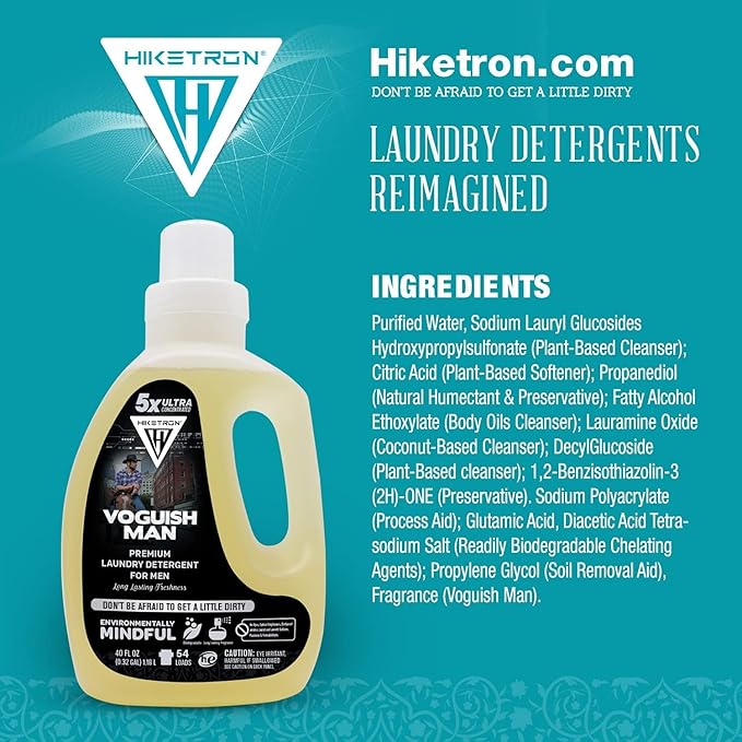 Hiketron Voguish Man Liquid Laundry Detergent, 5x Ultra Concentrated, Tough Stains Remover, Long Lasting Scent (40 Fl Oz, Pack of 1)