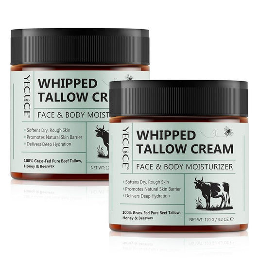 Whipped Beef Tallow Skin Face Moisturizer - Organic Grass-Fed Tallow with Honey Cream | Unscented, 2-Pack