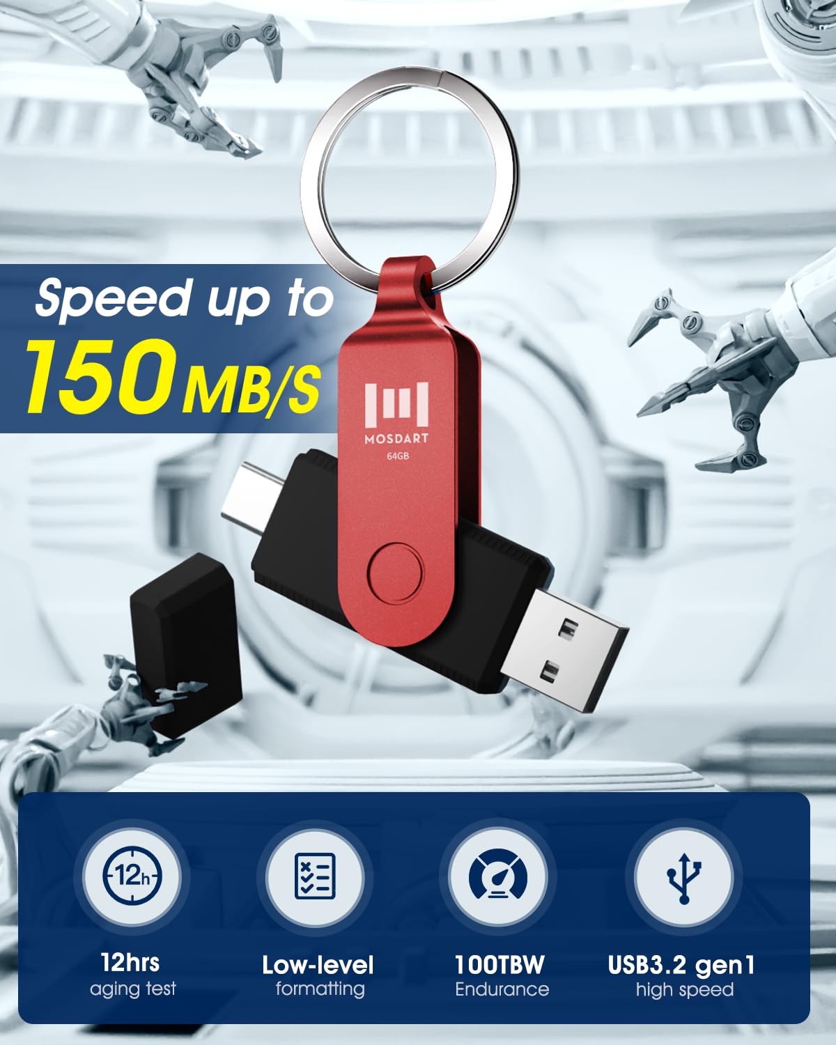 MOSDART 64GB USB C 3.2 Fast Speed C and A Dual Flash Drive, exFAT Memory Stick with Keychain and LED Indicator, for iPhone 15,16,17, Android Phone, iPad, MacBook, and Other Laptops, Red