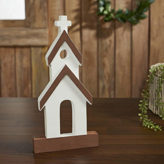 VHC Brands Wooden Church Figurine - Brown Roof Design | 12" x 6" x 1" Size