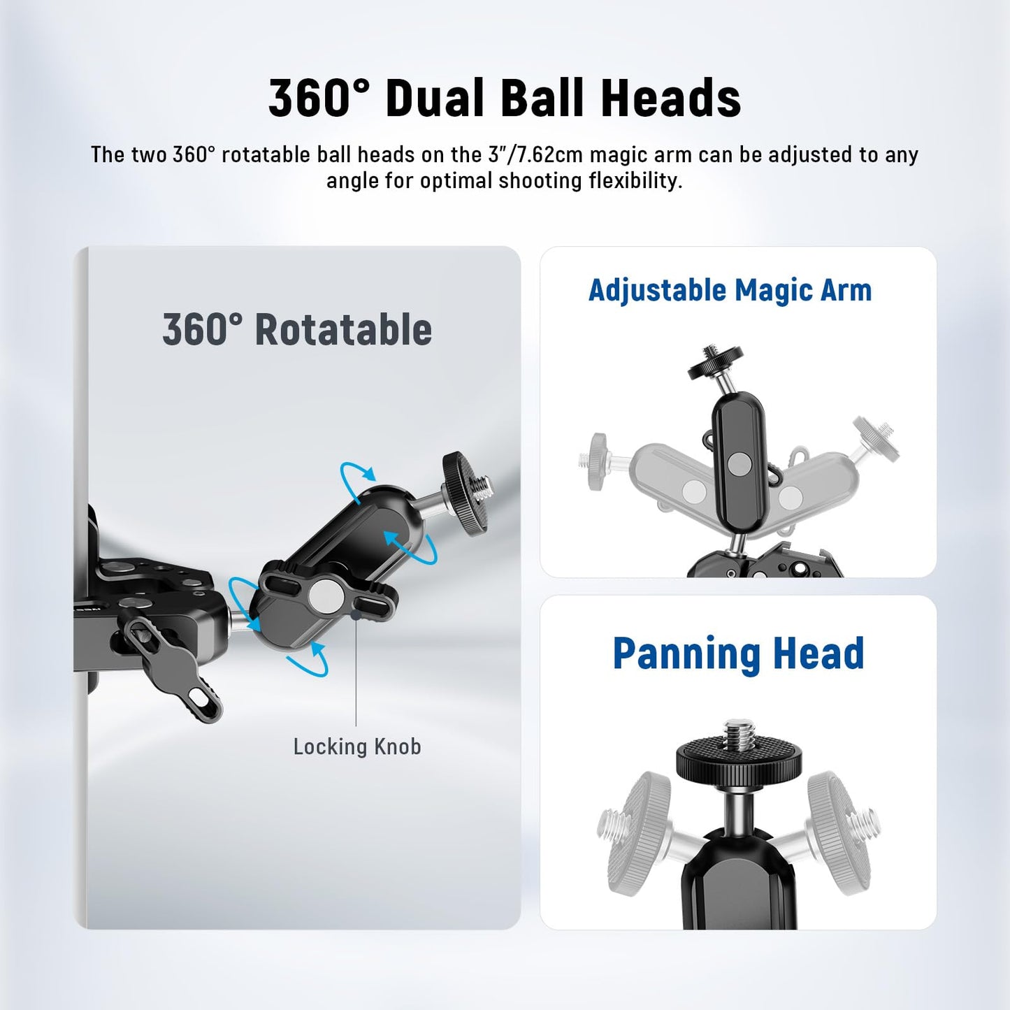 NEEWER Super Clamp with 3" Dual Ballhead Magic Arm, Camera Phone Clamp Mount with 1/4" 3/8" Threads, Cold Shoe, Phone Holder, Action Camera Adapter Compatible with GoPro DJI iPhone 16 15 Pro Max, ST88