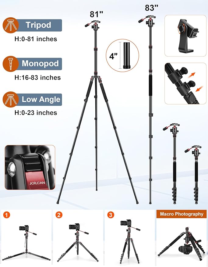 JOILCAN Camera Tripod, 83" Aluminum Tripods & Monopods with Metal Handle, Heavy Duty Tripod for DSLR Camera Lasers Binoculars Telescope Spotting Scope, Payload 35Lb