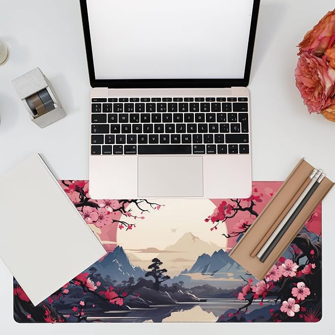 Eflxamz Desk Pad,Pink Cherry Blossom Tree Desk Mat,Mountains and Sun Large Gaming Mouse Pad for Desk,Extended Big Computer Keyboard Mouse Pad with Non-Slip Base and Stitched Edge,35.4"x15.7"