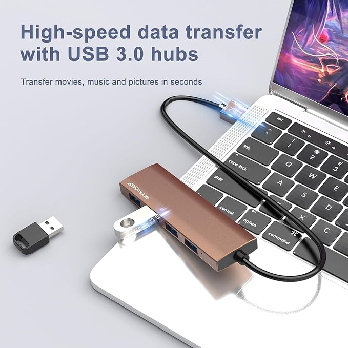 ANYPLUS USB Hub, USB 3.0 Hub Aluminum Alloy Ultra Slim USB Splitter, Portable 4 Port USB Extender, USB Hub for Laptop, PC, MacBook, iMac, Surface Pro, Mac Pro, Flash Drive, XPS【Brown】