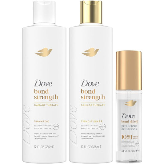 Dove Bond Strength Shampoo & Conditioner Set + Hair Serum Bundle – Repair Treatment for Damaged and Frizzy Hair (3 Piece Set)