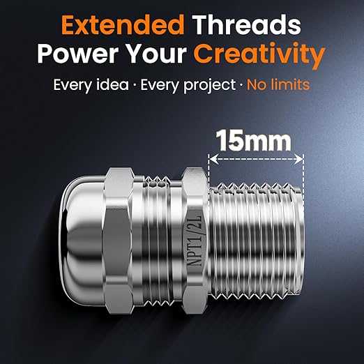 QILIPSU 4pcs 1/2" NPT 304 Stainless Steel Cable Gland Waterproof IP68 Metal Strain Relief Cord Grip Long Thread Cable Pass Through Wire Connector