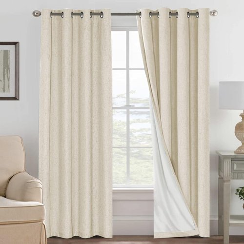 H.VERSAILTEX Linen Curtains 100% Blackout Curtains for Bedroom 90 inch Long Full Light Blocking Nature Linen Blended Window Curtains for Living Room Nickel Grommet (2 Panels, Bleached Sand)