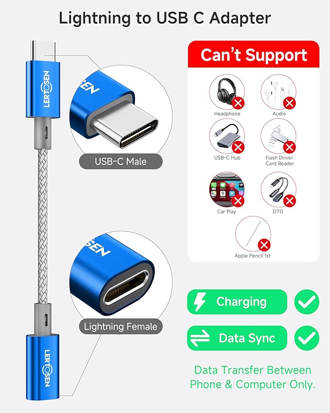 2 Pack Lightning to USB C Adapter, Fast Charging & Data Sync Adapter for iPhone 17 16 15 Pro Max Plus to USB-C, Compatible with Samsung S25/S24/S23, Not for Audio/OTG (Blue)