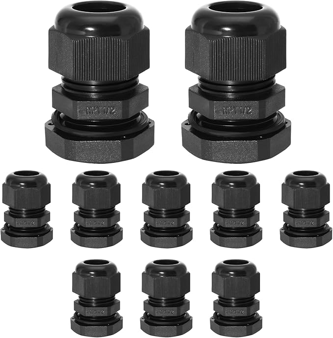Bonsicoky 10 Pcs 1/2" NPT Nylon Cable Glands, IP68 Waterproof Adjustable Cord Grip Cable Connector Strain Relief Wire Protectors for 6-12mm Cable Diameter, Black