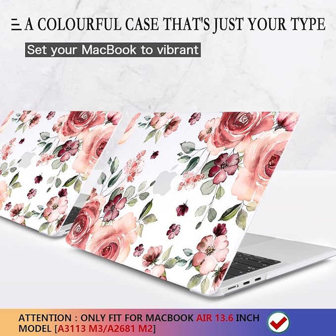 CISSOOK for MacBook Air 13.6 inch Case 2026 2025 2024 2022 Release A3449 A3240 A3113 A2681, Matte Hard Shell Case Flower Cover with Keyboard Cover + USB Adapter for MacBook Air 13.6 M2 M3 M4 M5