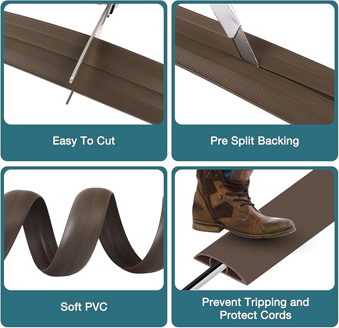 Floor Cord Cover, Cable Protector, 0.63W x 0.31H inches, Wire Cover for Extension Cords, Floor Cable Covers Prevent Cable Trips (Brown, 50-3.3 Feet)