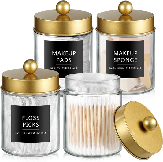 SheeChung Qtip Dispenser Holder Set - 4 Glass Apothecary Jars with Gold Lids & Stickers | Bathroom Storage Organizer