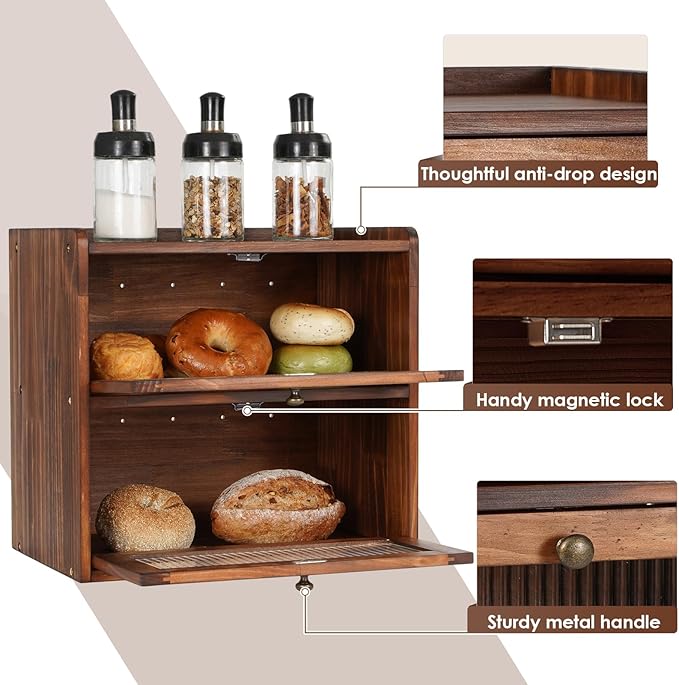 Sunhoo Bread Box for Kitchen Countertop Wooden Bread Storage Container Bin 2 Layer Breadbox Holder Large Capacity Keeper Vintage Farmhouse Food Organizer Pantry Shelf Acrylic Windowï¼Blackï¼
