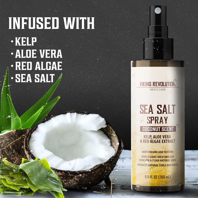 Viking Revolution Coconut Sea Salt Spray for Hair Men - Hair Texturizing Spray with Kelp, Aloe Vera & Red Algae Extract - Surf to Add Volume and Texture - Sea Salt for Men Beach