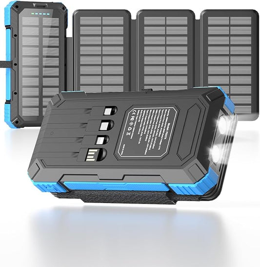 Kepswin Solar Charger Power Bank 49800mAh with 4 Built-in Cables & 3 Foldable Panels, PD22.5W Fast Portable Phone Charger, External Battery Pack with USB-C in/Output & Flashlight for Outdoor Camping