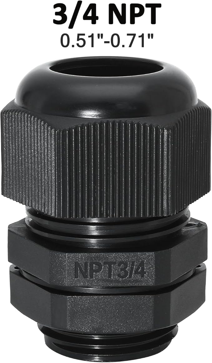 Bonsicoky 20 Pcs 3/4" NPT Nylon Cable Glands, IP68 Waterproof Adjustable Cord Grip Cable Connector Strain Relief Wire Protectors for 13-18mm Cable Diameter, Black
