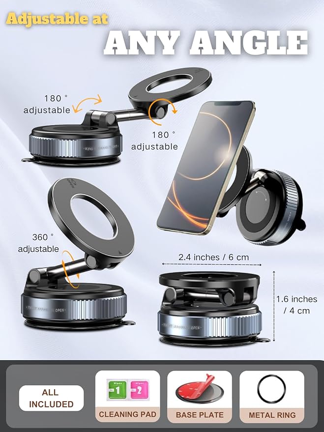 Praisol Car Phone Holder for Magsafe, 360° Adjustable Vacuum Magnetic Phone Mount with 3000gf Magnetic Grip & 40LBS Suction Cup, Shockproof Design for All Smartphones
