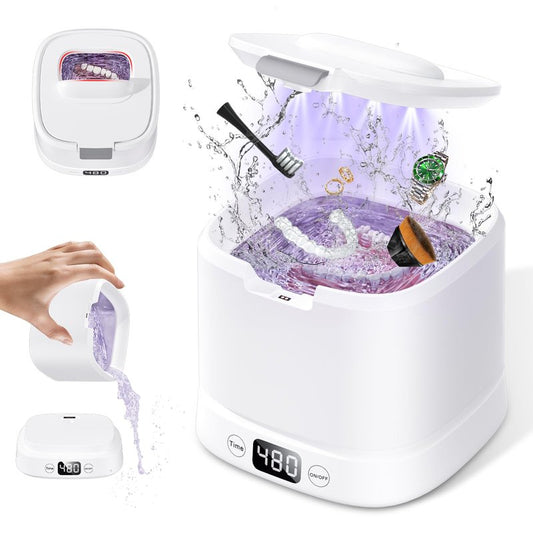 IAULF Ultrasonic Retainer Cleaner Machine, Dental Cleaning Pod, Sonic Retainer Cleaner Machine with Digital Timer for Dentures, Aligners, Braces, Night Guards, Jewelry 45kHz/319ml (White)