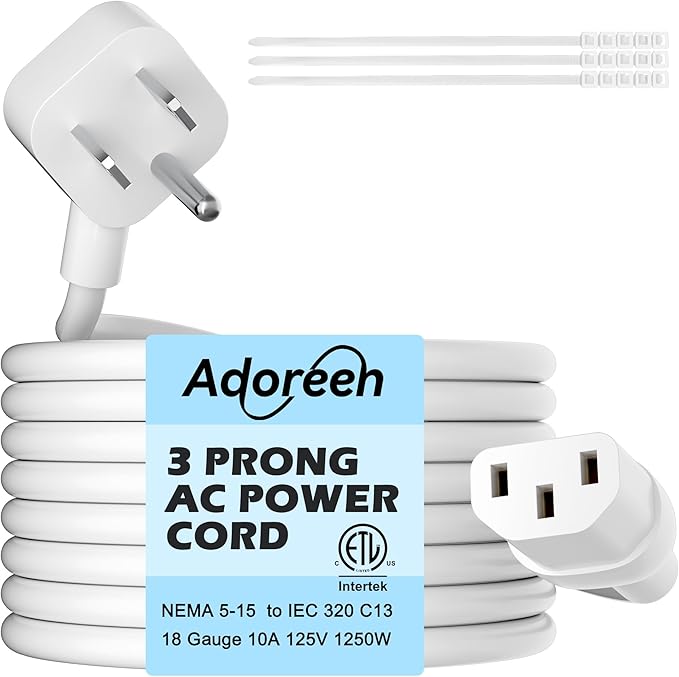 Adoreen 15 Ft Computer TV Replacement Power Cord White, Low Profile Flat Plug 18AWG 3-Prong AC Universal Power Supply Cable NEMA 5-15P to IEC 320 C13 for Printer, PC, Monitor TV LCD, ETL+Ties