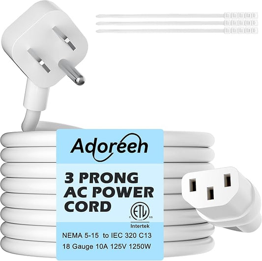 Adoreen 15 Ft Computer TV Replacement Power Cord White, Low Profile Flat Plug 18AWG 3-Prong AC Universal Power Supply Cable NEMA 5-15P to IEC 320 C13 for Printer, PC, Monitor TV LCD, ETL+Ties