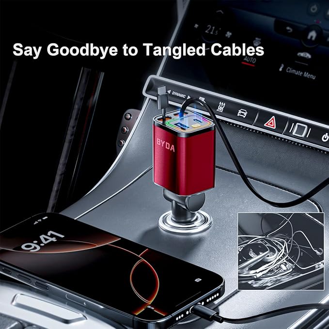 4 in 1 Retractable Car Charger,69W USB-C Fast Car Charger, for iPhone16/15/14/13/12,Cigarette Lighter Charger (Grey, for Apple+Type C &RGB Breathing Light [Red])