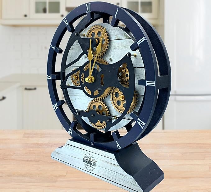 ImprovingLife The Gears Clock Desk Clock 10 inches with Real Moving Gears Convertible into Wall Clock (White Farmhouse)