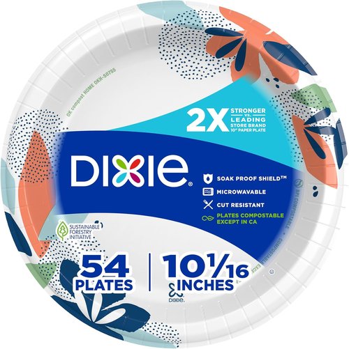 Dixie Large Paper Plates - 10 Inch, 54 Count | 2X Stronger, Microwave-Safe & Soak-Proof Disposable Dinnerware