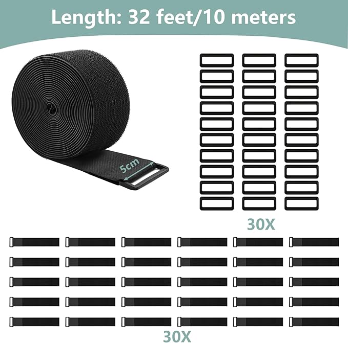 WSZJINB 1.5In x 32Ft Cable Straps Heavy Duty With 40 Buckles, Black Hook and Loop Straps, Reusable Cable Ties for Organizer or Storage