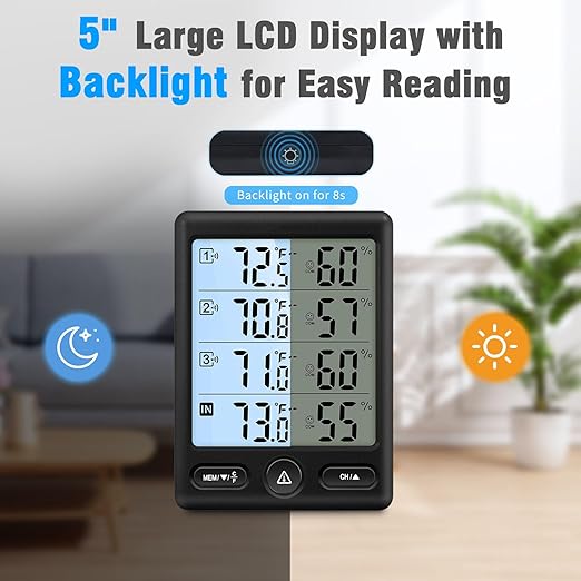 Geevon Indoor Outdoor Thermometer Wireless 3 Remote Sensors, 5-Inch Display Digital Hygrometer Thermometer Temperature Humidity Monitor with 8S Backlight, Battery-Powered