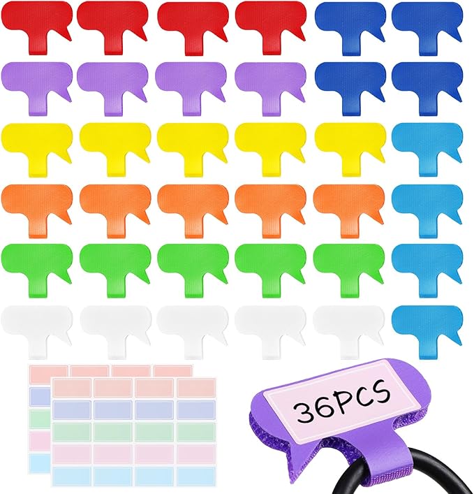 36-Pack Large Cable Labels with 40 Write-On Stickers, Reusable 8-Color Wire Tags for Electronics, Cord ID & Cable Management for Home Office, PC Network - Oval