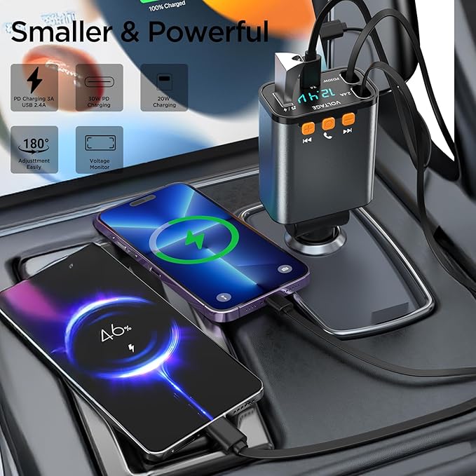 Retractable Car Charger,5 in 1 PD Car Phone Charger with Bluetooth 5.3 FM Transmitter,Handsfree Call and MP3 Player,2 Retractable Cables and USB Charging Adapter for Cars Phone,Galaxy,Pixel(Grey)