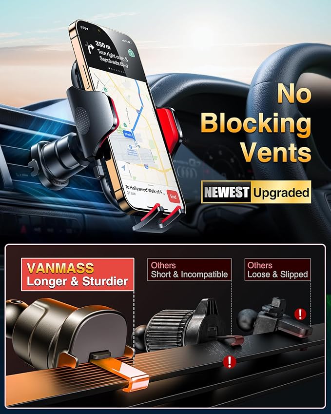 VANMASS Phone Holders for Your Car 2026 Ultimate Phone Mount Military-Grade Windshield Dashboard Vent【Newest Best Strongest】 Cell Phone Car Mount for iPhone 16 Pro Max 15 Samsung Android,Red