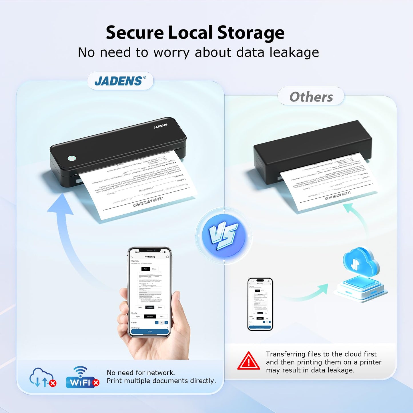 JADENS Bluetooth Thermal Printer, Support 8.5" X 11" US Letter, Portable Printers Wireless for Travel, Inkless Printer Compatible with iOS, Android, Mobile Printer for Home, Office, School
