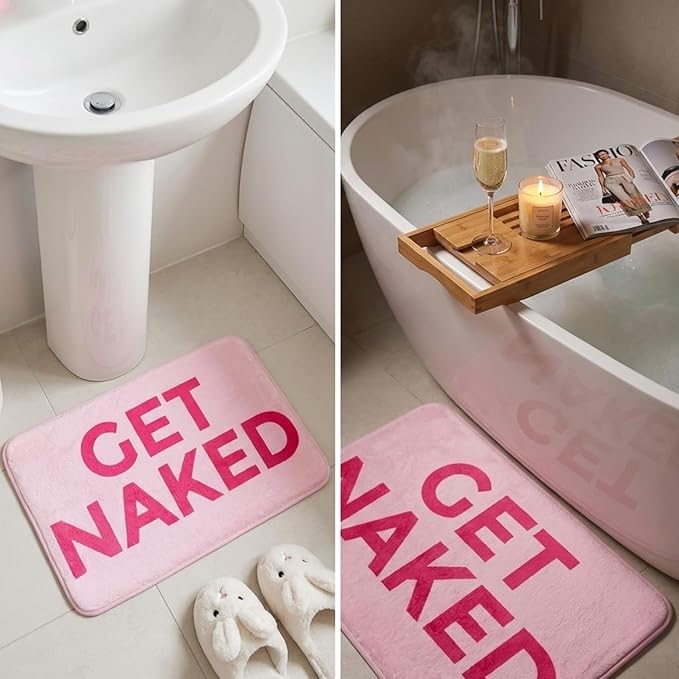 Pink Get Naked Memory Foam Bath Mat 32x20 Inch, Funny Bathroom Rugs, Cute Dorm, Apartment Decor, Soft Non Slip Absorbent Mats for Shower, Vanity
