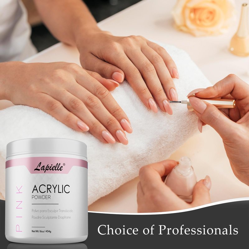 Lapielle Professional Acrylic Powder for Nail Art. Long-lasting, Large capacity and quick dry. Quality Salon Manicure Nail extension (16oz - 1lb - 454g) PINK