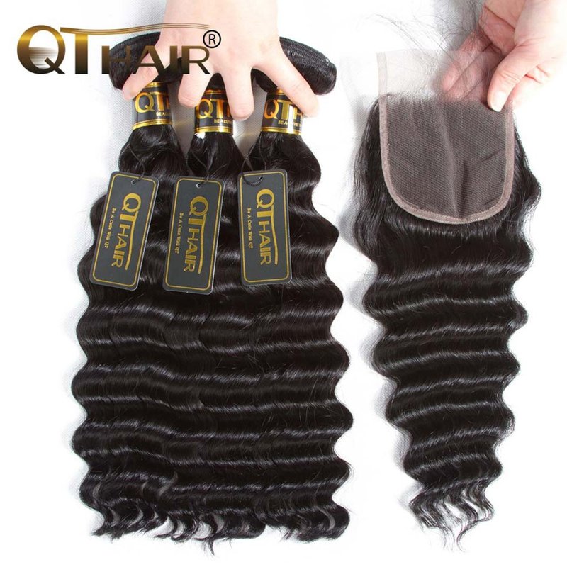 QTHAIR 18A Loose Deep Wave Lace Closure - 4x4 Brazilian Human Hair, Pre-Plucked, 14" with Baby Hair