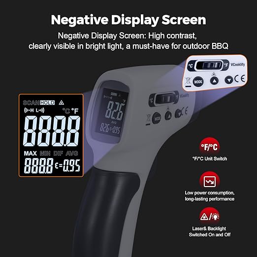 VCooklify Temperature Gun for Meat,Automotive Infrared Thermometer Gun with Ring Laser DS12:1,Digital Thermal Gun with Adjustable Emissivity&High/Low Alarm,-58~1400℉IR Temp Gun for Engine,Brakes&HVAC