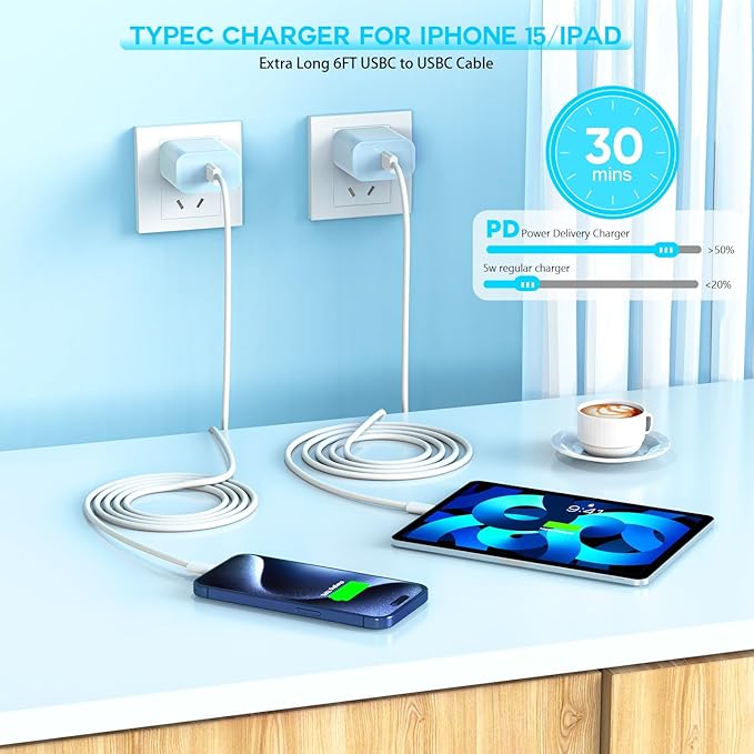 【Apple MFi Certified】20W USB C Fast Charger iPhone 17 16 15 Charge Block 3Pack 6 FT TypeC Fast Charger Cable for iPhone 17/17 Pro/17 ProMax/iPhone 16/16 ProMax/15 Plus All USB C Charging Devices(Blue)