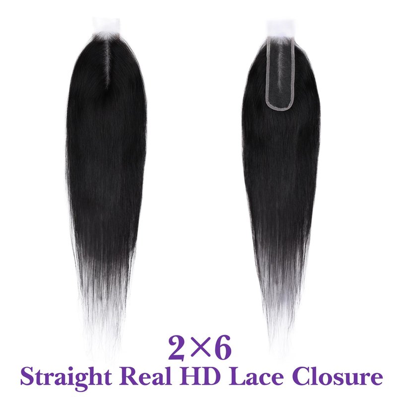2x6 HD Lace Closure 16 Inch, SKINLIKE 0.095mm Ultra-thin Invisible Real Swiss Lace Closure Only,Straight RAW Virgin Human Hair Single Knot Pre-Plucked with Baby Hair