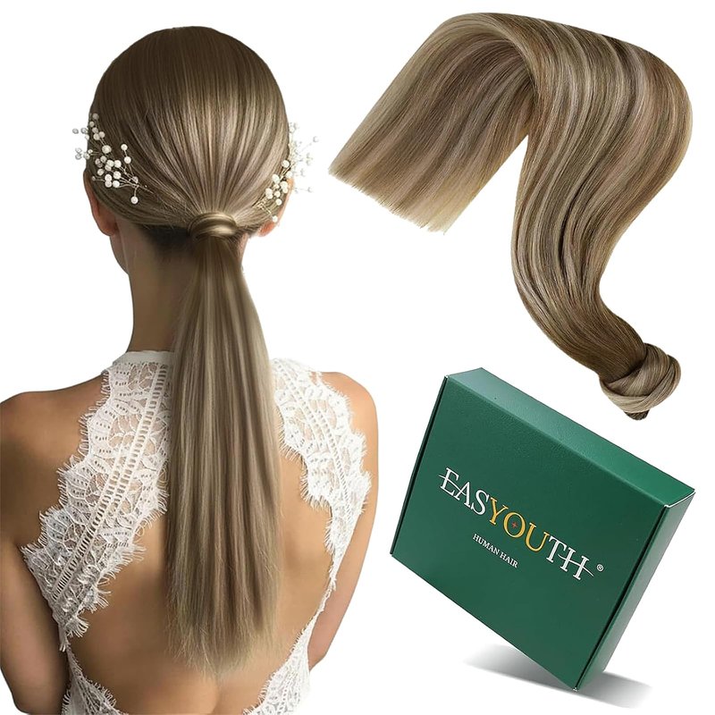 Easyouth Ponytail Extension Human Hair 12 Inch 70G Ombre Brown Human Hair Ponytail Extension for Women Short Lengths Balayage Dark Brown to Light Brown with Blonde Add Volume